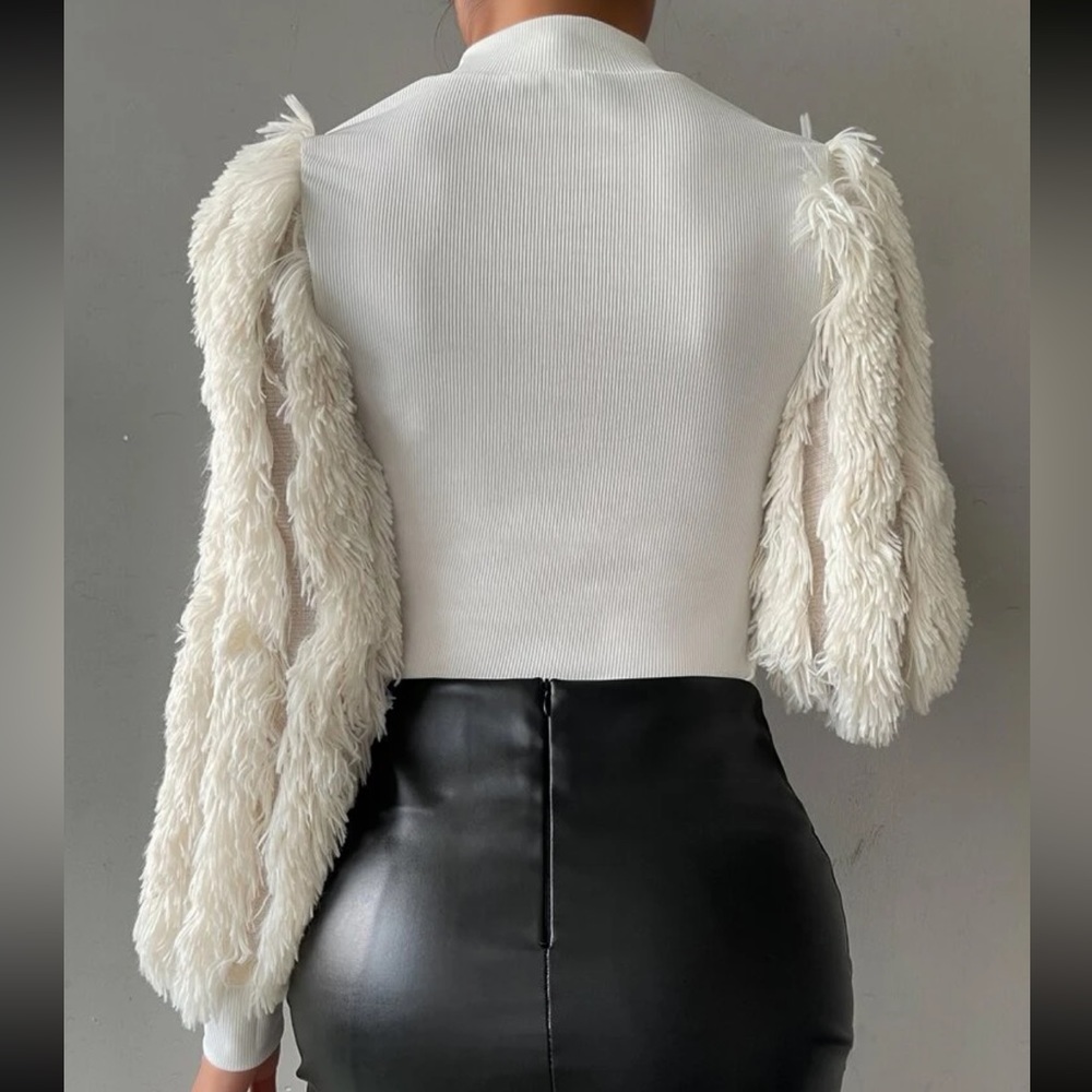 Cozy Faux Fur Fuzzy Long Puff Cuff Sleeve Mock Neck Top Blouse Shirt Black - Picture 7 of 16